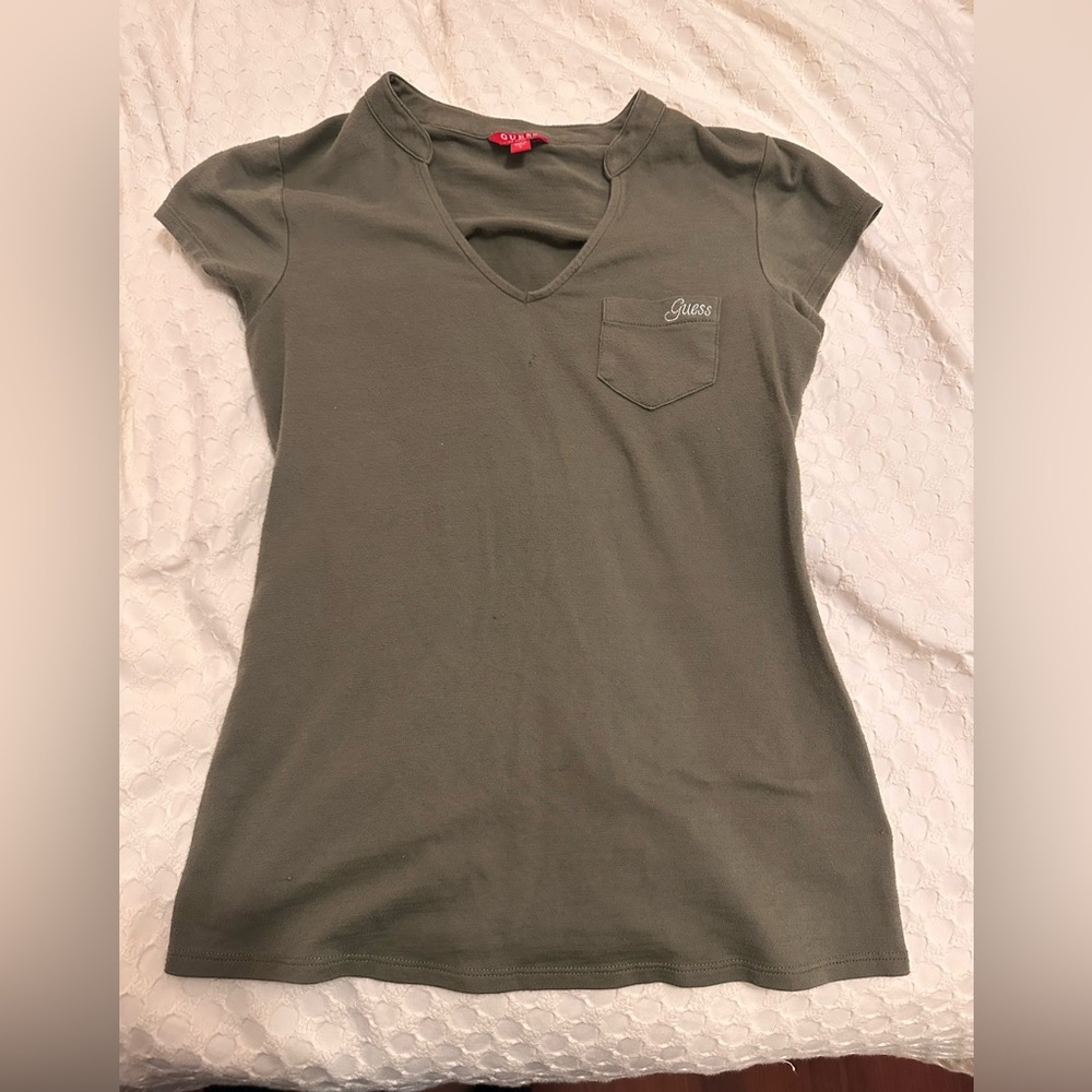 GUESS Olive V-Neck Pocket Tee